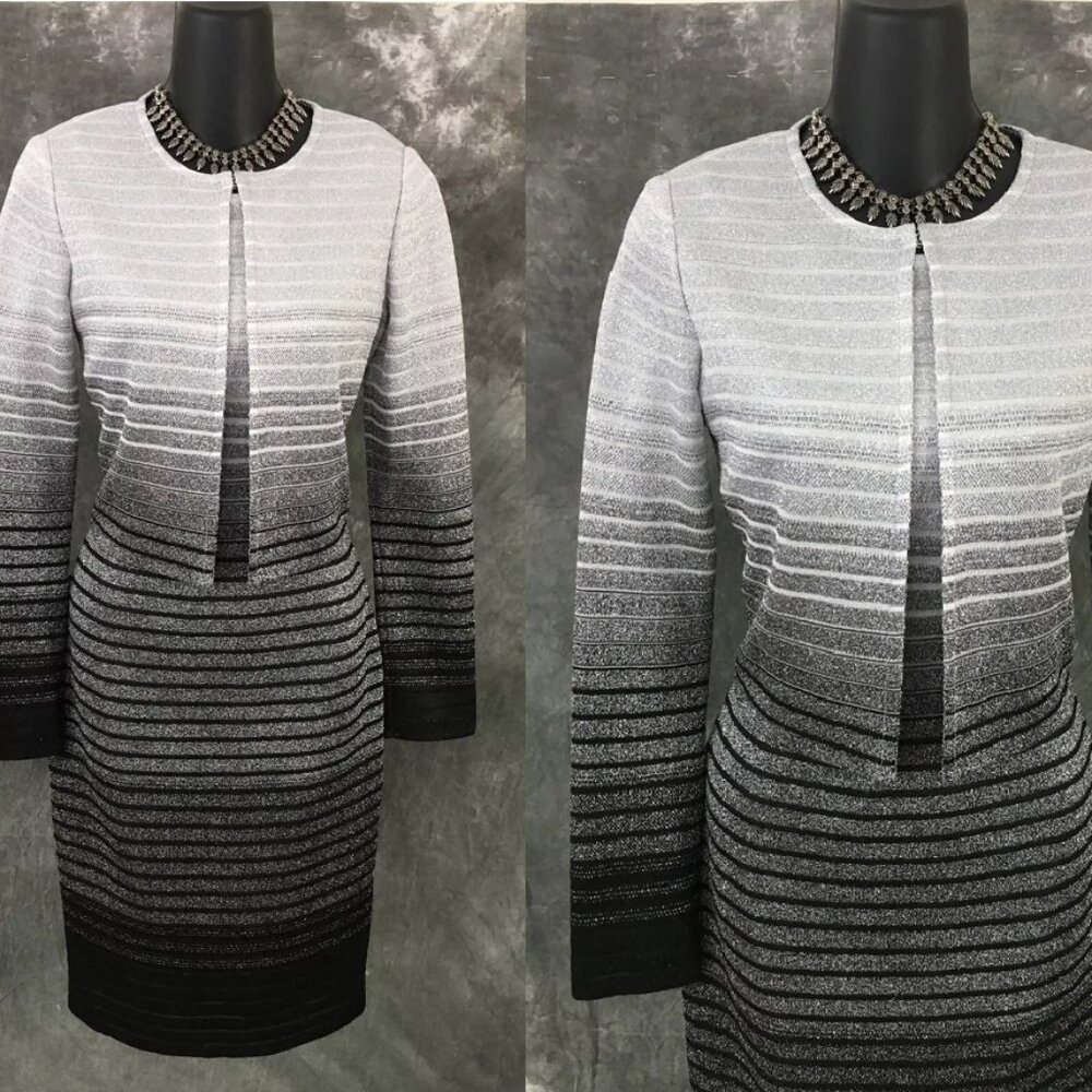 NEW St John knit silver black white shimmer multi jacket dress suit size 2